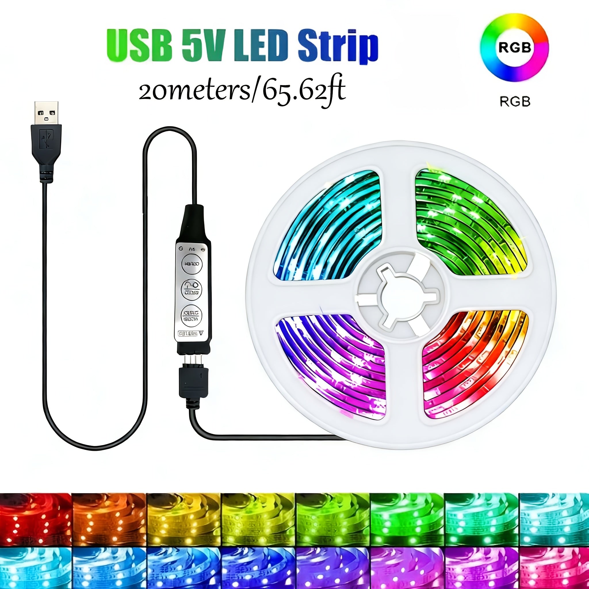 RGB 舞台氛围 LED 灯带 3.28ft‑131.23ft USB 供电 3 键控制 多色可变光 适用于派对演出婚庆节日布景 电视卧室客厅专业氛围照明