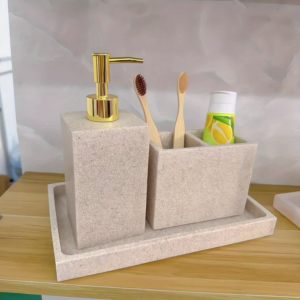 3-Piece Marble Grain Sandstone Finish Soap Dispenser & Toothbrush Holder Countertop Tray - Home Bathroom Apartment Decor Accessories, Soap Bottle Set