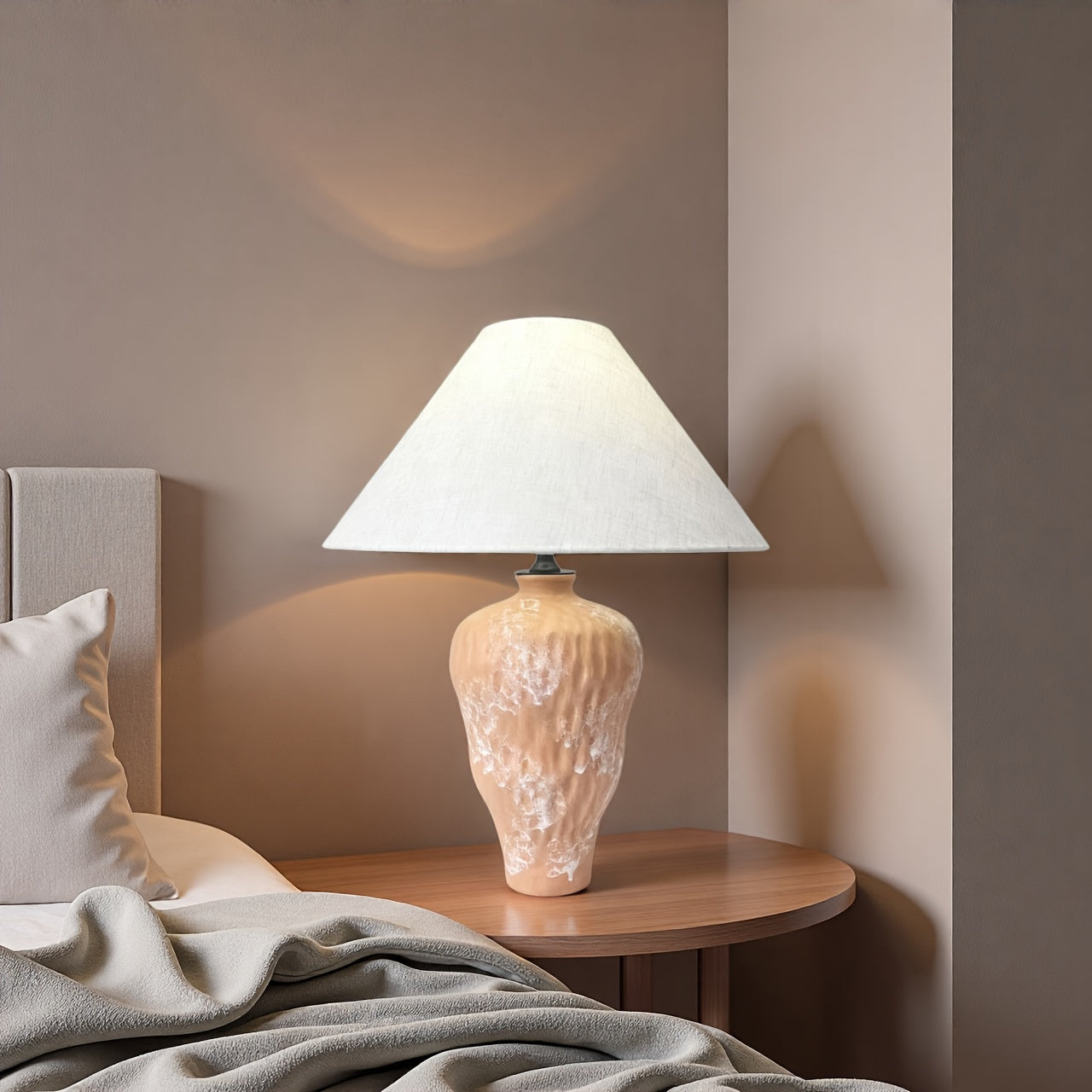 Wabi-sabi style mid-century modern table lamp, with mushroom-shaped lampshade and walnut veneer — controllable bedside lighting, suitable for bedroom, nightstand, minimalist decoration — includes in-line switch bulb (no)