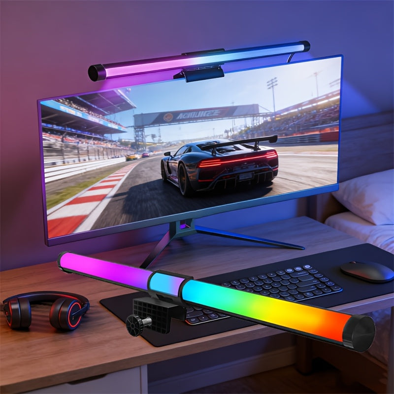 15.57-inch RGB dual-sided screen light, USB screen ambiance light, lighting tube, desk lamp, three-color adjustable, RGB幻彩, five-button USB wired control, 45-degree adjustable angle, eye-protection light, reading light, cool lighting modes