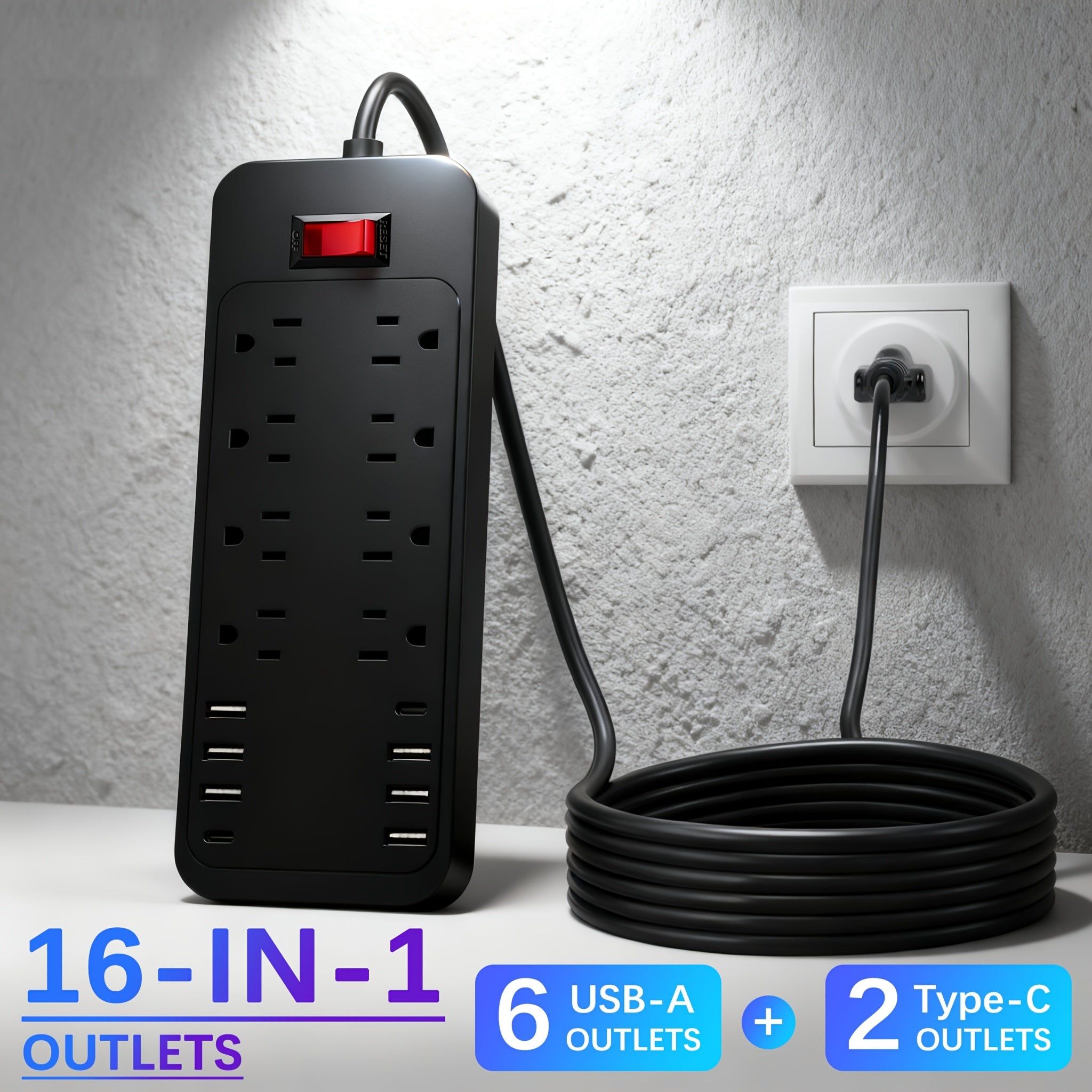 0.26Ft And 5.9Ft 16-In-1 Power Outlet with Surge Protection And Multiple Outlet Extension Cords with 8AC Outlets, 6 USB Ports And 2 Type-C Ports On/Off Control Buttons. Available in Black And White. Ideal for Offices, Kitchens