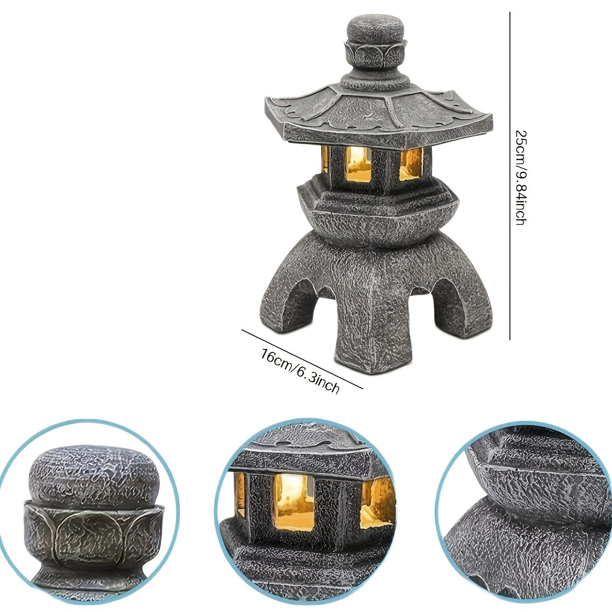 Garden Solar Glazed Pagoda Lamp Statue, Suitable for Indoor and Outdoor Use, Perfect for Adding a Touch of Zen Asian Style to Your Landscape, Balcony, Garden, Patio or Porch. Made of Polyester Resin with Grey Stone Base