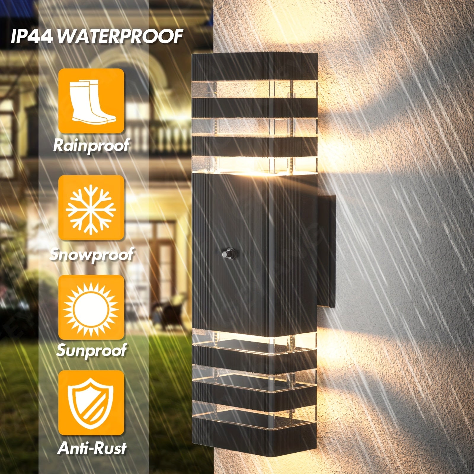 GEYANG Dusk to Dawn Outdoor Wall Light, Modern Square Aluminum Outdoor Lighting Fixture, 3-Layer Black Waterproof Wall Light with Up and Down Light, Suitable for Home Garage, Patio, Garden (Bulb Included)