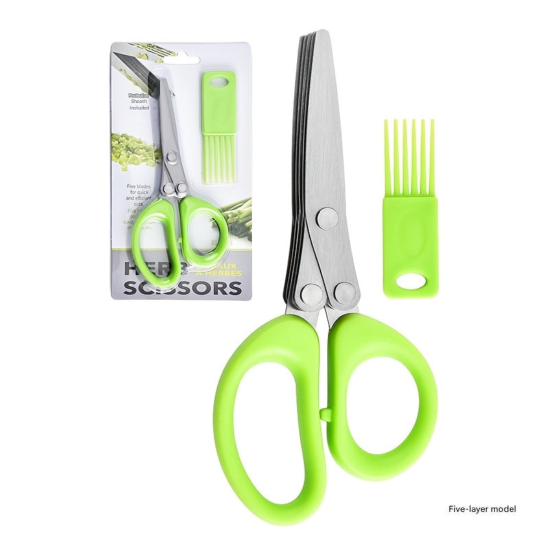 5-Layer Stainless Steel Kitchen Scissors - Multifunctional Onion & Herb Chopper, Suitable for BBQ & Indoor Use, with Protective Cover & Built-in Cleaner, Durable
