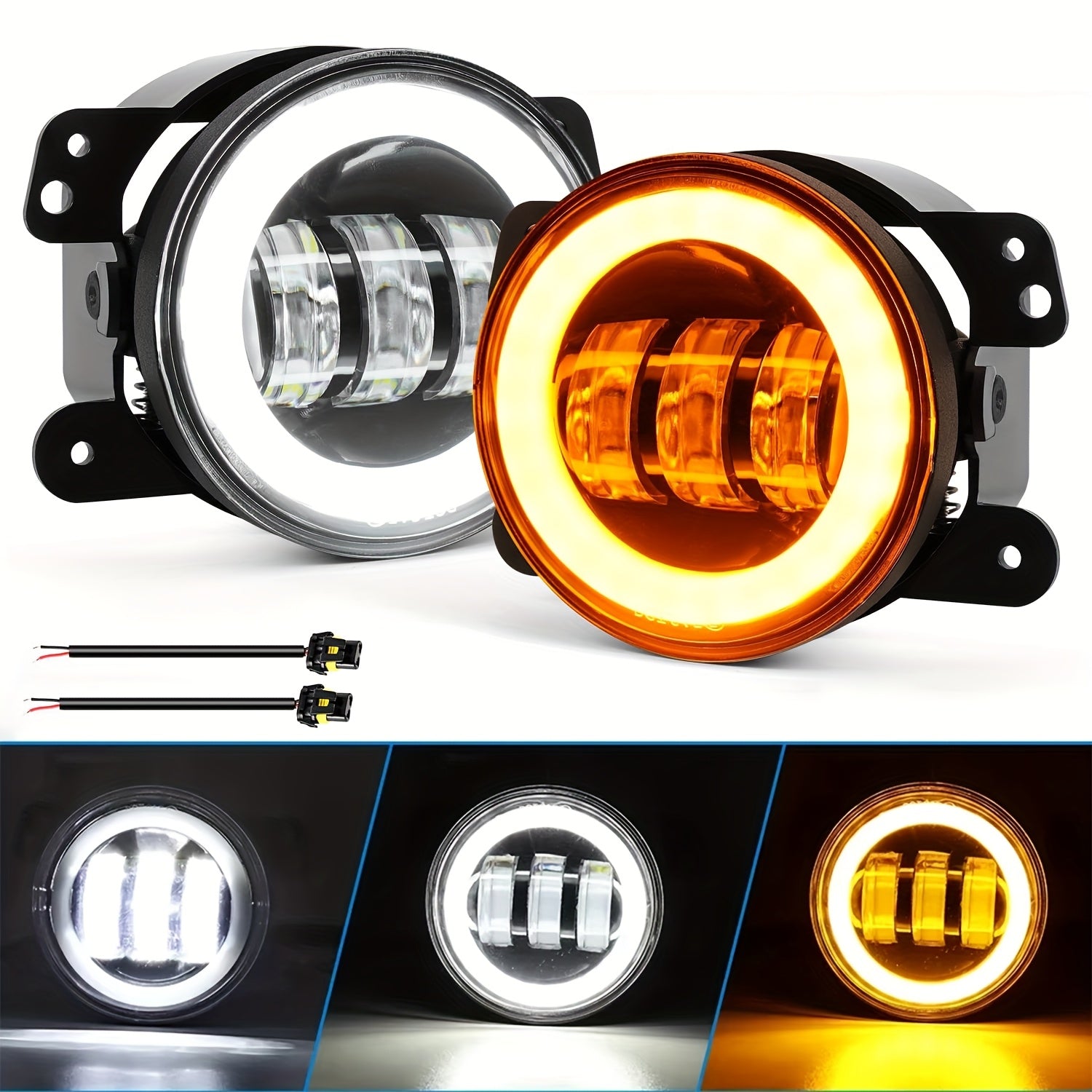 4英寸 LED 雾灯，带白色天使眼环，专为 JEEP Wrangler JK Unlimited JKU 2007-2018 年款设计，包括白色日间行车灯和琥珀色转向信号灯