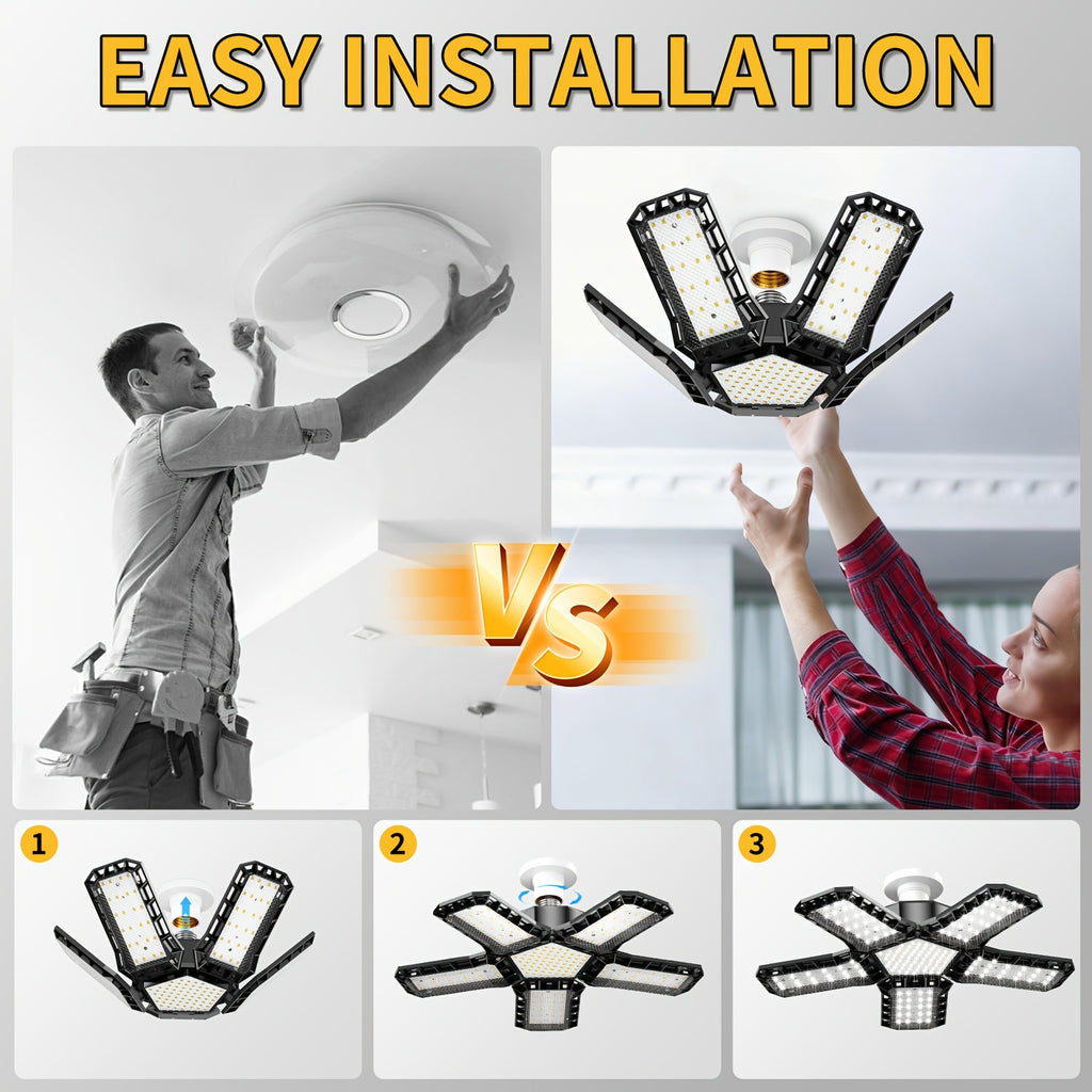 15000 Lumen Ultra-Bright Deformable LED Garage Light, E26/E27 Base Screw-In Installation, No Wiring Required, Equipped with 188 LED Chips, 360-Degree Adjustable Ceiling Light, Suitable for Garage, Basement, Workshop