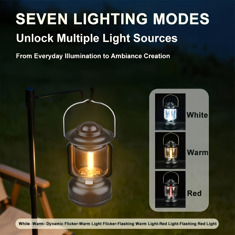 Rechargeable Vintage LED Camping Lantern, 7 Lighting Modes, Portable Outdoor Tent Light Flashlight, Emergency Lighting, Multi-use for Camping Hiking Travel Home