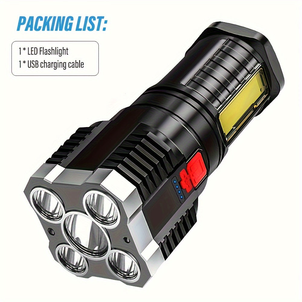 Ultra-Bright Flashlight, USB Rechargeable Flashlight with 5 LEDs & COB Side Light - 4-Mode Flashlight