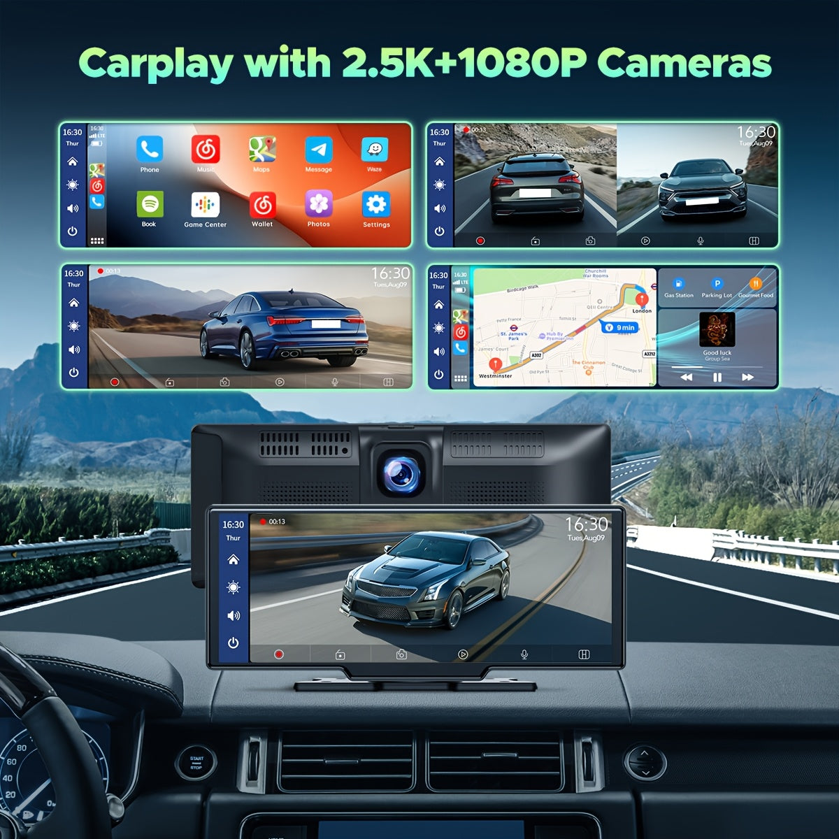 Lamtto 10.26" Wireless Carplay Display for Vehicles with 2.5K + 1080P Dash Cam, Portable Car Stereo GPS Navigation, Car Audio, Supports Android Auto, Airplay, Mirror Link, Compatible with 64GB TF Card, Universal Fit for All Vehicles
