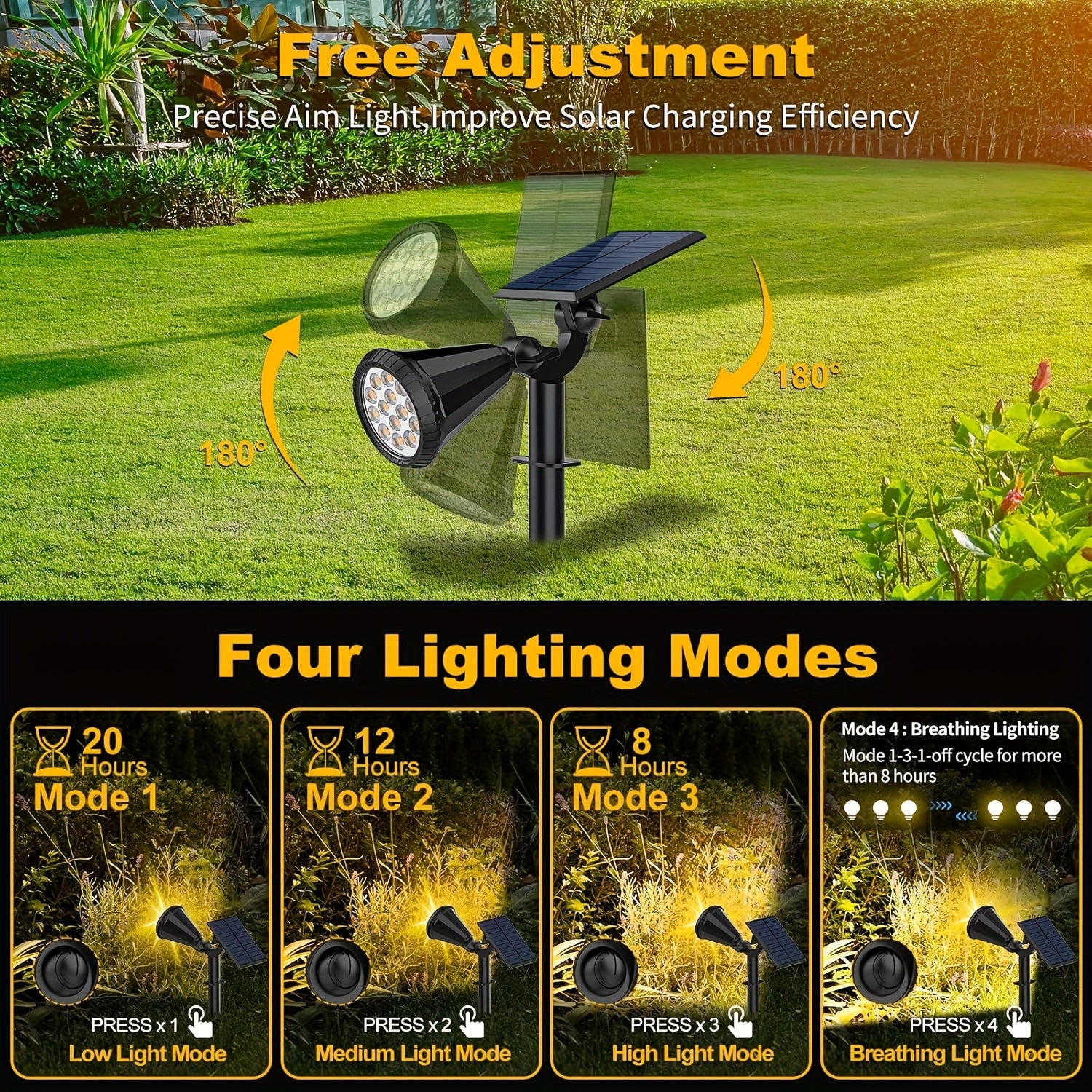 8-Piece Outdoor Solar Spotlight - Waterproof IP65, 4 Modes, Automatic On/Off, 180° Adjustable Solar Landscape Lighting, Suitable for Courtyard, Garden, Pathway, Walls and Trees, Outdoor Lighting | Residential Lighting