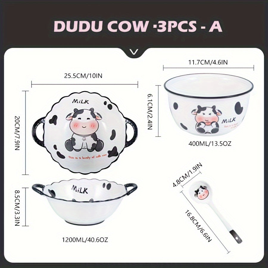 DUDU Cow Ceramic Dinnerware – 3/4pcs, Cute Cartoon Style, Rice Bowl / Salad Bowl / Soup Bowl / Handle Bowl, Small Spoon – Perfect for Dormitory or College Students