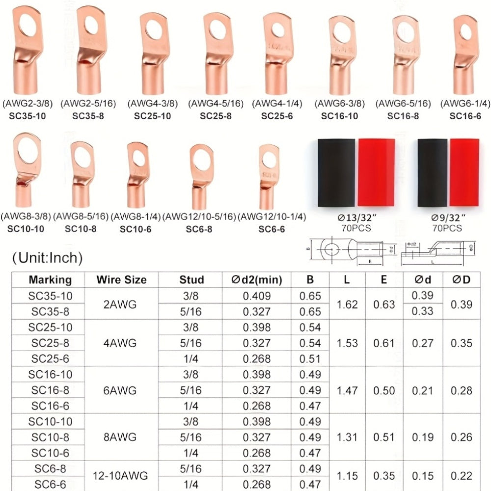 99/199-Piece AWG 6, 8, 10 & 12 Gauge Wire Terminal Set with Heat Shrink Tubing – Battery Cable Ends & Ring Terminal Connectors for Marine, Automotive, Cable & Electrical Applications