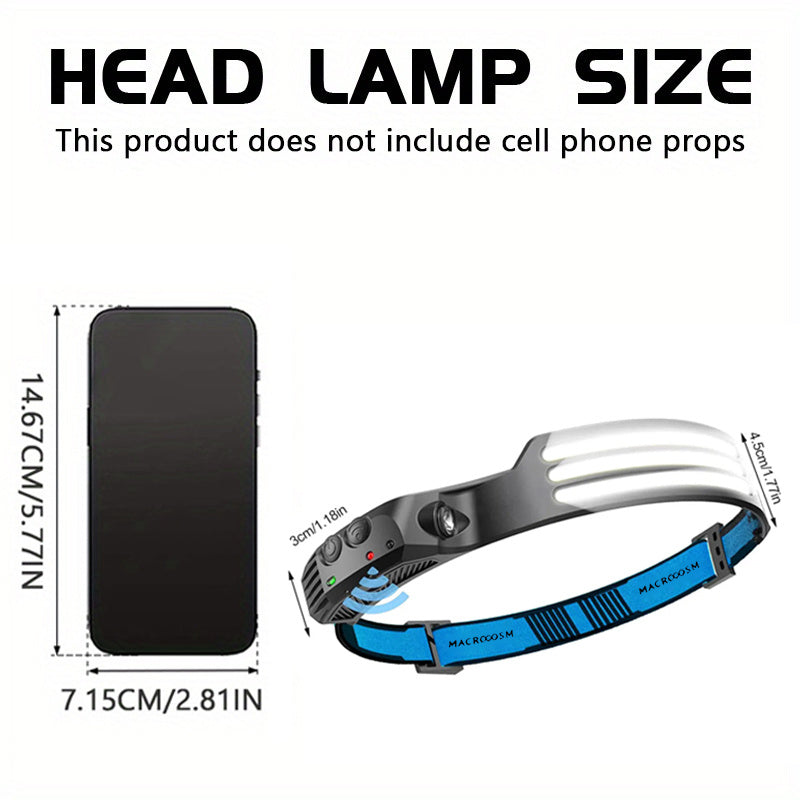 1Pc USB Rechargeable COB Headlamp, Motion Sensor Outdoor Head Light, 230° Wide Angle, 5 Lighting Modes Running Headlamp, Portable Lightweight Hands-Free Flashlight, Ideal for Camping, Hiking and Outdoor Activities
