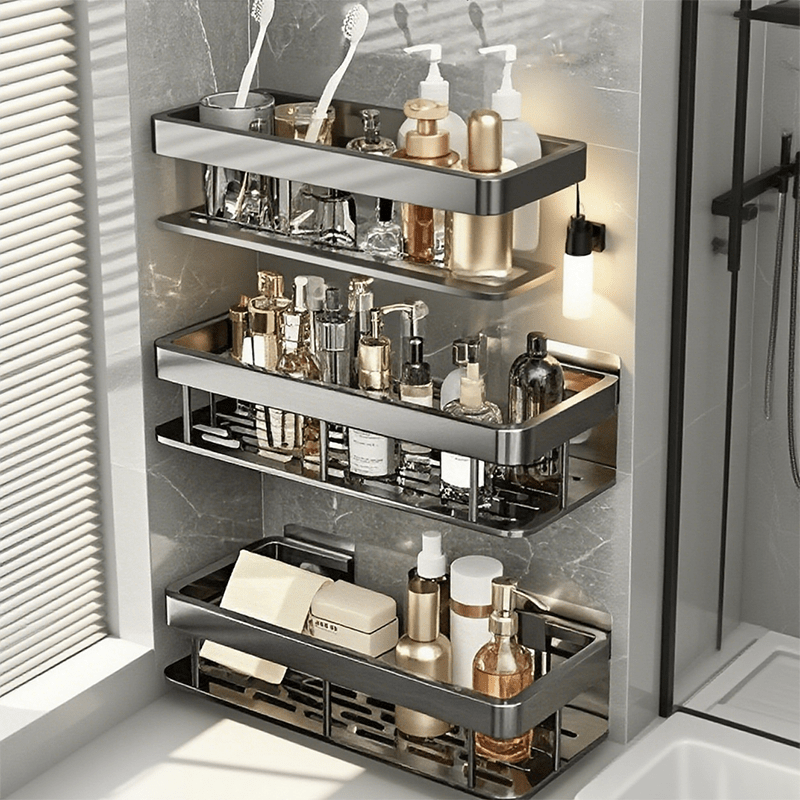 1/2/3-Piece Metal No-Drill Bathroom Shelf - Thickened & Easy Install, Wall Mount Storage Rack, Large Capacity Black-Silver Multi-Functional Holder for Bathroom & Toilet