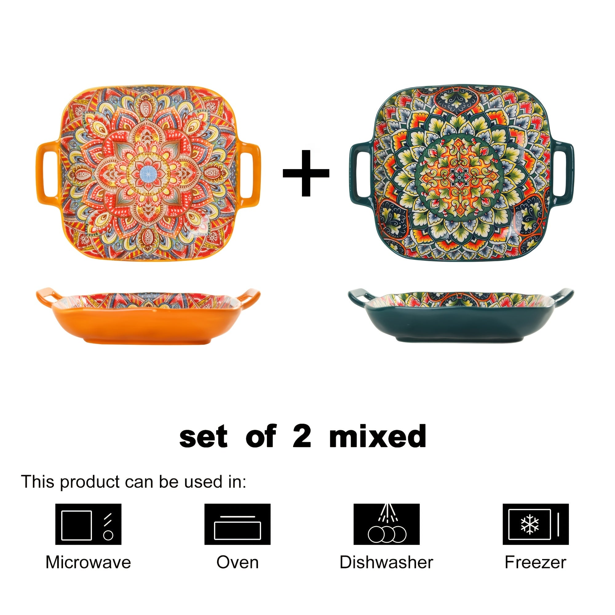 2-Piece / 4-Piece Ceramic Baking Set – 9-Inch Square Plates, Bohemian Style – Perfect for Pasta, Oven &amp; Catering – Multi-Purpose Kitchen &amp; Dining Essential