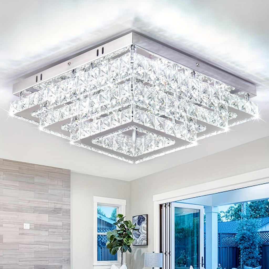 15-inch modern style pendant ceiling light, square crystal design, three-tier flush mount installation, suitable for living room and dining room (6500K cool white light)