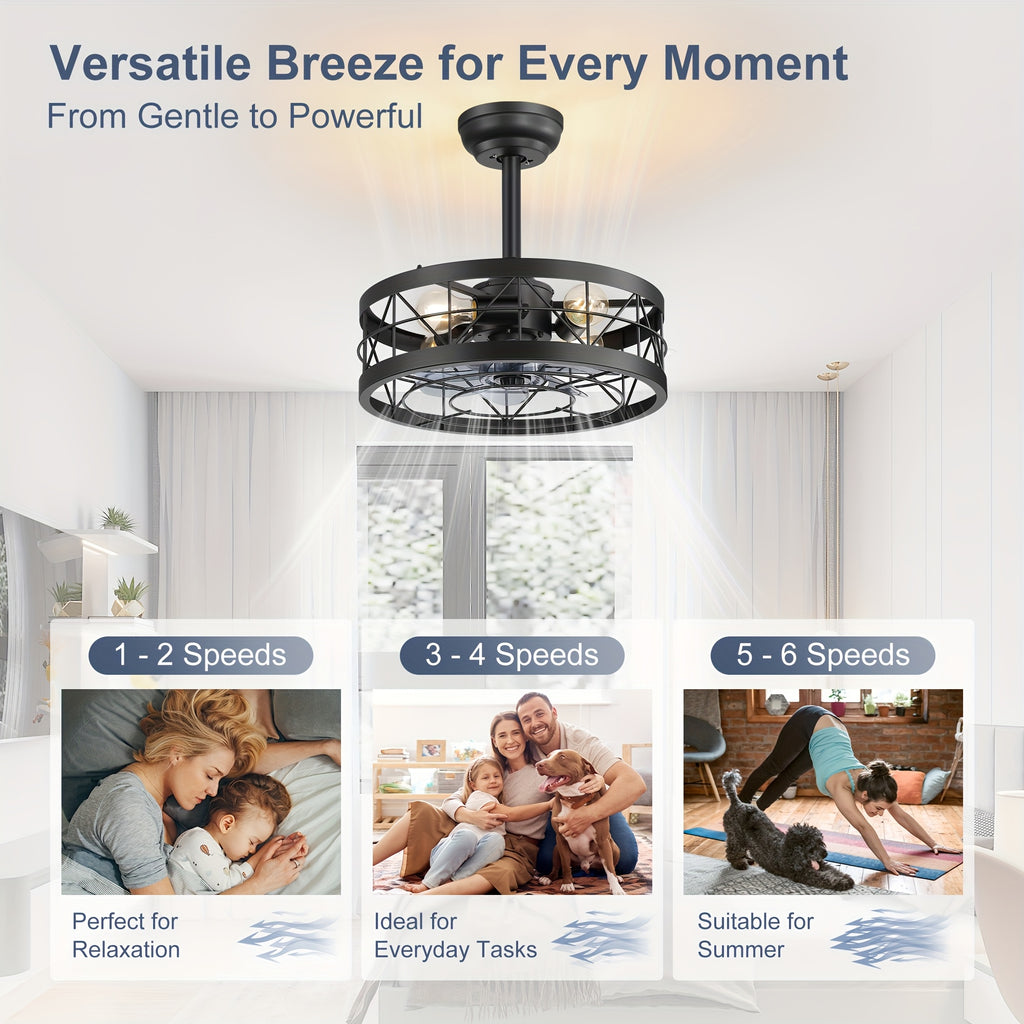 Caged Ceiling Fan with Light, 16.5In Farmhouse Enclosed Ceiling Fan, Remote Control, 6Speed, Black Industrial Ceiling Fan Light, Rural Farmhouse Ceiling Fan Light, for Indoor Bedroom Kitchen Dining Room