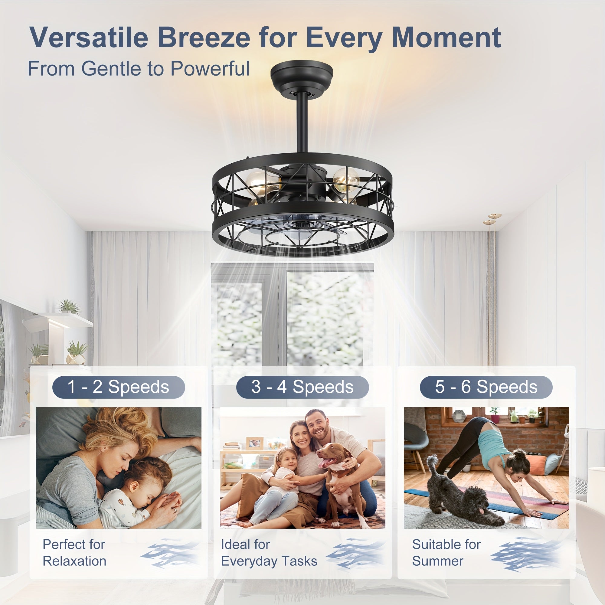 Caged Ceiling Fan with Light, 16.5In Farmhouse Enclosed Ceiling Fan, Remote Control, 6Speed, Black Industrial Ceiling Fan Light, Rural Farmhouse Ceiling Fan Light, for Indoor Bedroom Kitchen Dining Room