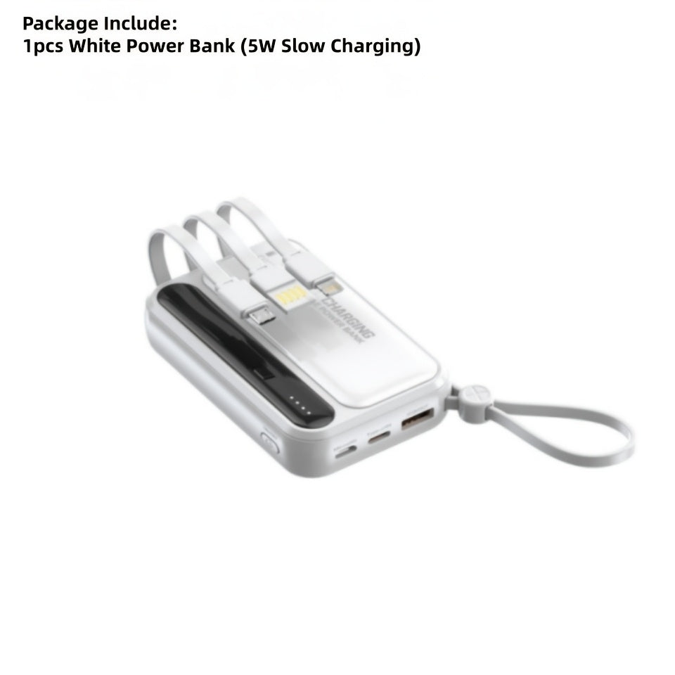這是一款可愛設計的超薄 10000mAh 電池，提供 5-15-22.5W 超快充。它具有大容量、可充電功能，並配備四條內建充電線。