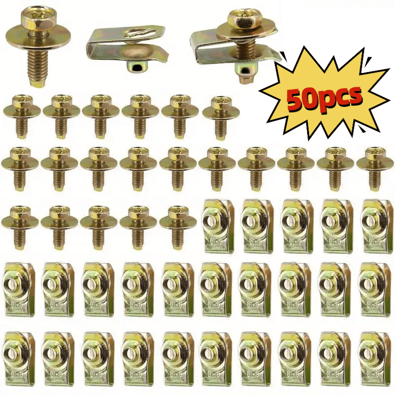 [50-Piece Gold Body Bolt Set] M6 Body Bolts & U-Type Press Nuts (25 Screws + 25 Clips) | Universal Fasteners for Hood, Bumper, Fender, Splash Shield | Rust-Proof Metal Fasteners & Rivet Screws