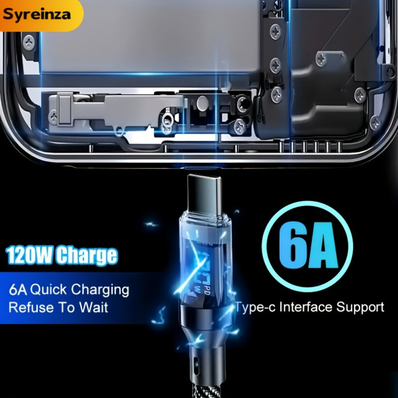 120W6A超快充USB-C线，Type-C转Type-C，黑色扁平尼龙PVC资料同步线，附实时数位显示器,≤36V工作电压，品牌Syreinza，适合家庭办公室旅行尼龙编织加固耐用高品质科技爱好者数据线适用于 iPhone, Android, Samsung
