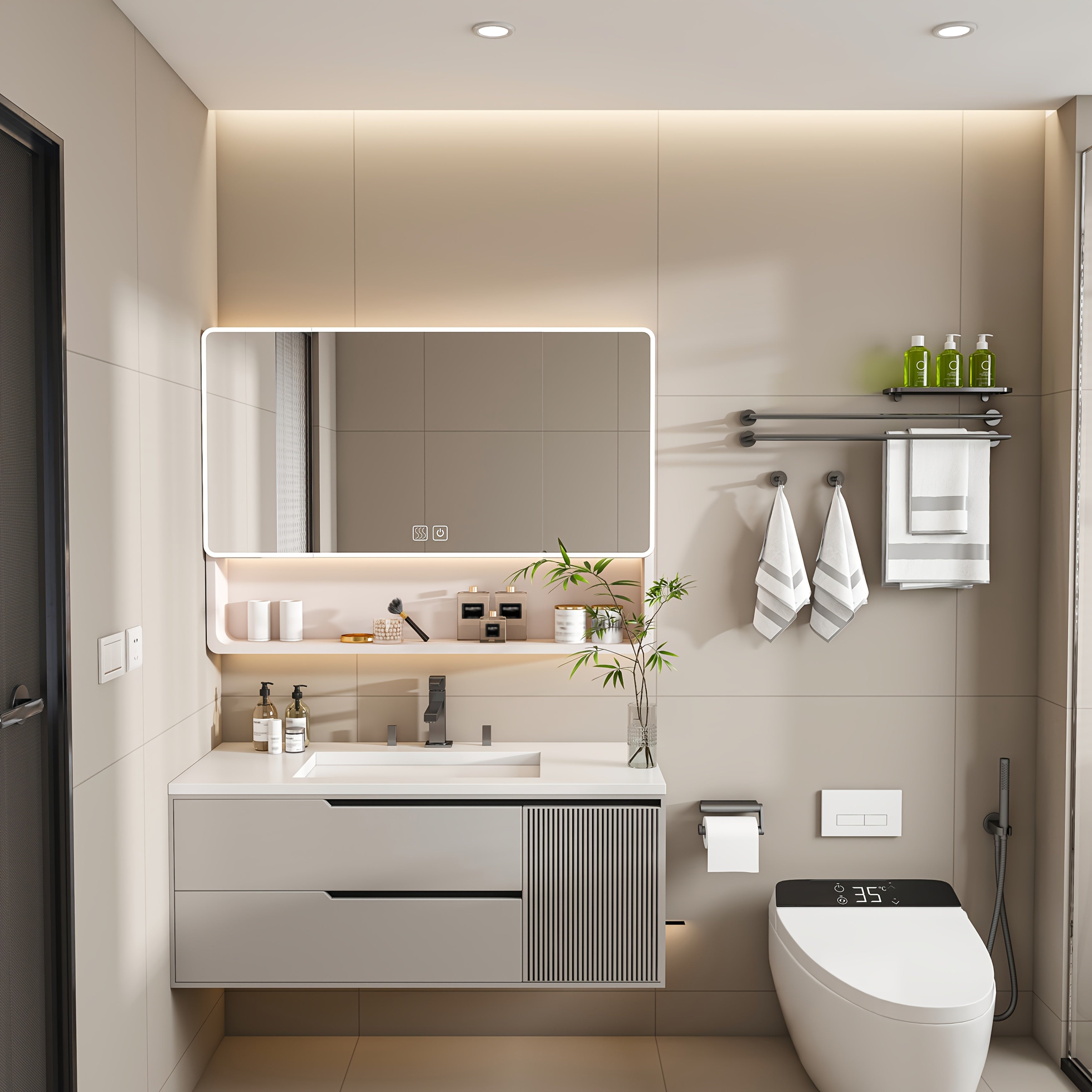 Stone 35"x28" Aluminum Bathroom Mirror Cabinet with Smart LED Lighting & Anti-Fog - Wall Mount Vanity Mirror with Cosmetics Shelf & Hair Dryer Holder, Khaki