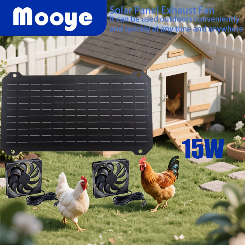 Mooye 1-Piece Solar Fan Kit for Chicken Coop and Pet House, 15W Solar Panel, Solar Powered, Ideal for Chicken Coop / Greenhouse / Shed Exhaust, Made of Insulated Material, Detachable PV Module, Easy Installation