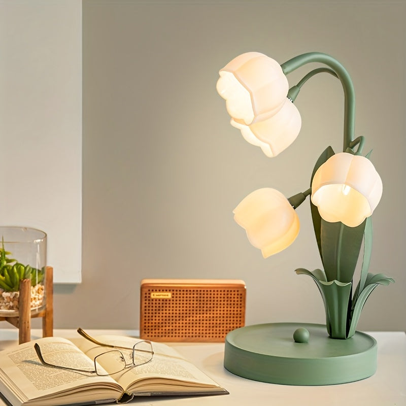 Pink warm table lamp, gold light luxury table lamp, five lily of the valley flowers table lamp, creative acrylic flower shape, home decoration desk lamp, floral theme ambiance light, themed homestay hotel decorative lamp