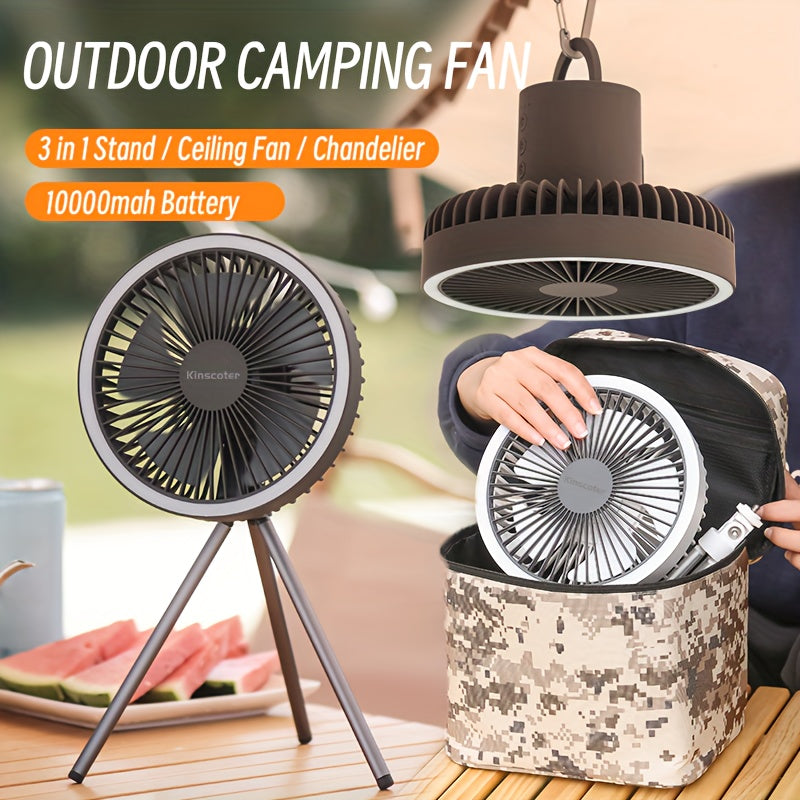 Outdoor Essential 10000mAh USB Rechargeable Camping Fan, Timing Portable LED Ceiling Camping Light Fan with Metal Tripod, Can Be Used as Power Bank, Suitable for Outdoor Camping Home Office, Equipped with Portable Storage Bag