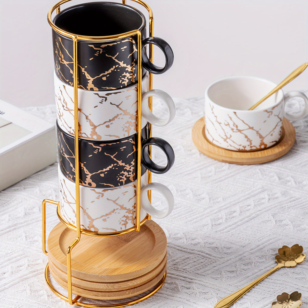 180ml Ceramic Coffee Cup Set, Black & White Four-Cup Marble Design with Saucers, Spoons & Gold Cup Stand