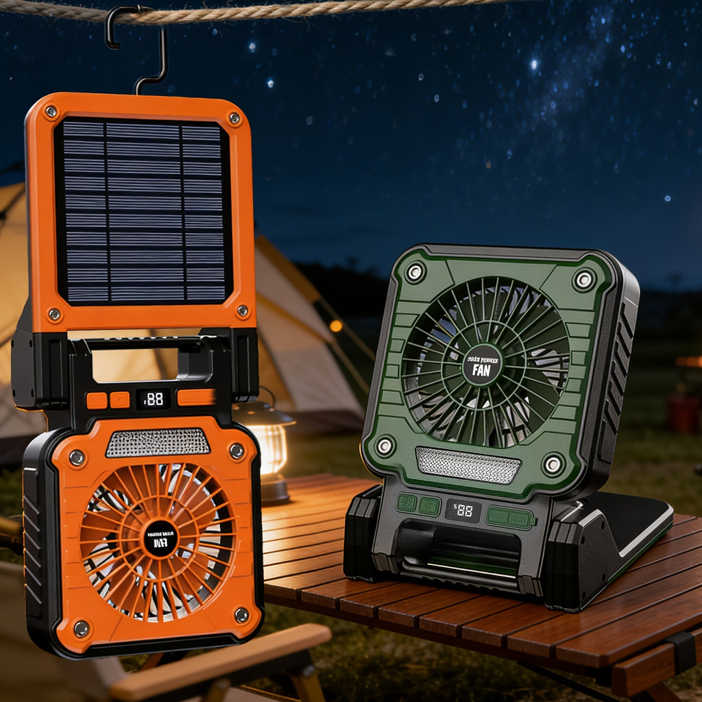 1PC Portable Foldable Solar Camping Fan with LED Light, 3 Speed Levels Adjustable, 5 Lighting Modes, Power Indicator & Power Output Function, 180° Angle Adjustment, Built-in Hook, Perfect for Camping