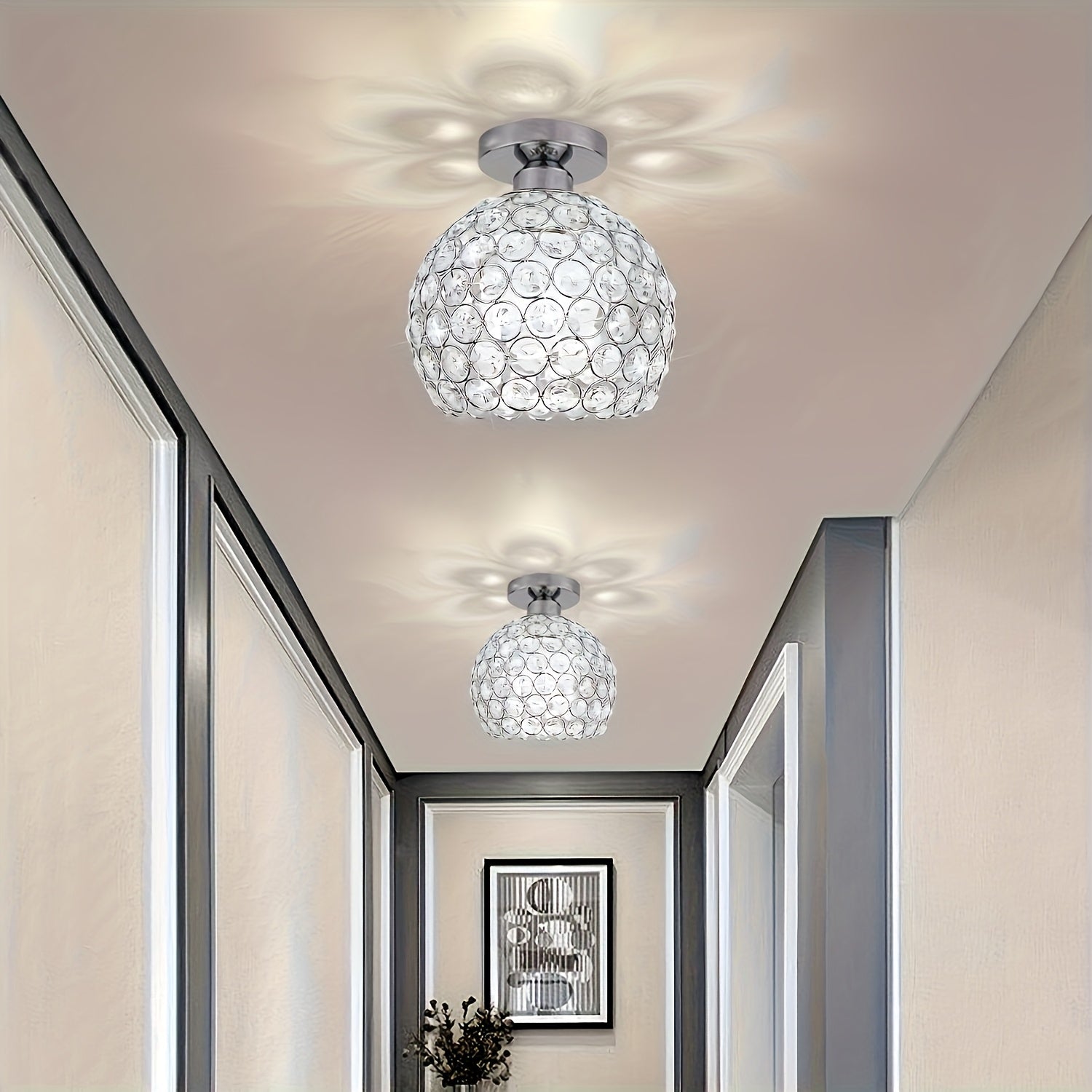 Modern stylish glass ceiling light, modern semi-flush mount silver crystal chandelier, suitable for decorative home lighting in foyer, closet, entryway, kitchen, bedroom, dining room, etc.