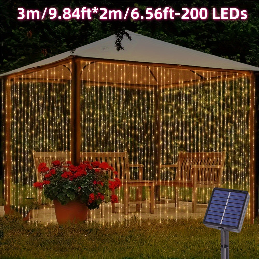 1件，100/200/300 LED太阳能户外窗帘串灯，8种照明模式铜线童话灯，圣诞装饰灯，非常适合婚礼派对，阳台，露台，花园装饰（多色/暖白色/白色）