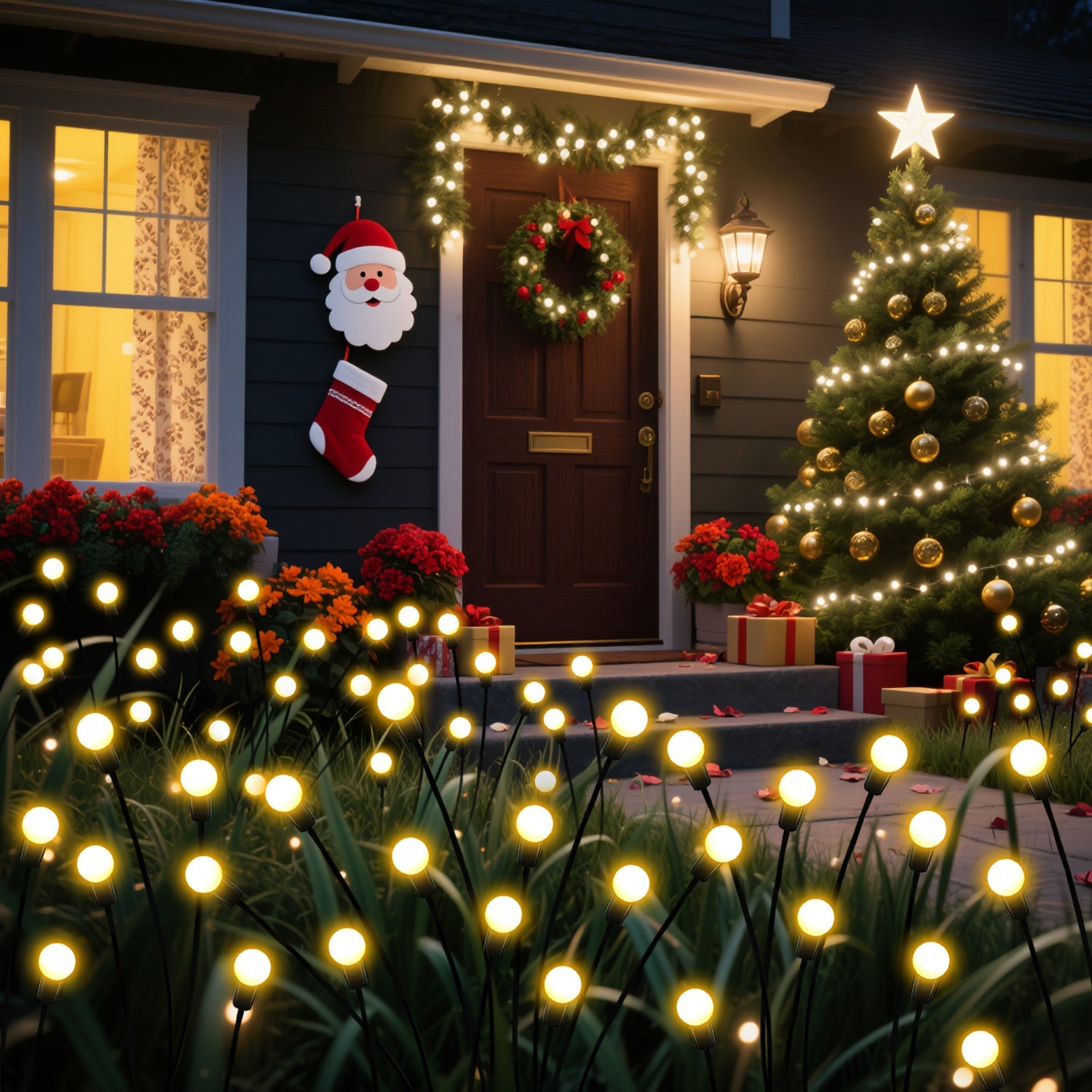 Set of 4 Solar Firefly Garden Lights, Equipped with 32 LED Beads, Featuring 12 Different Lighting Modes. These Lights Automatically Turn On at Night, Perfect for Use in Courtyards, Walkways, Gardens, Parties, Weddings, Festivals and Camping Decor.