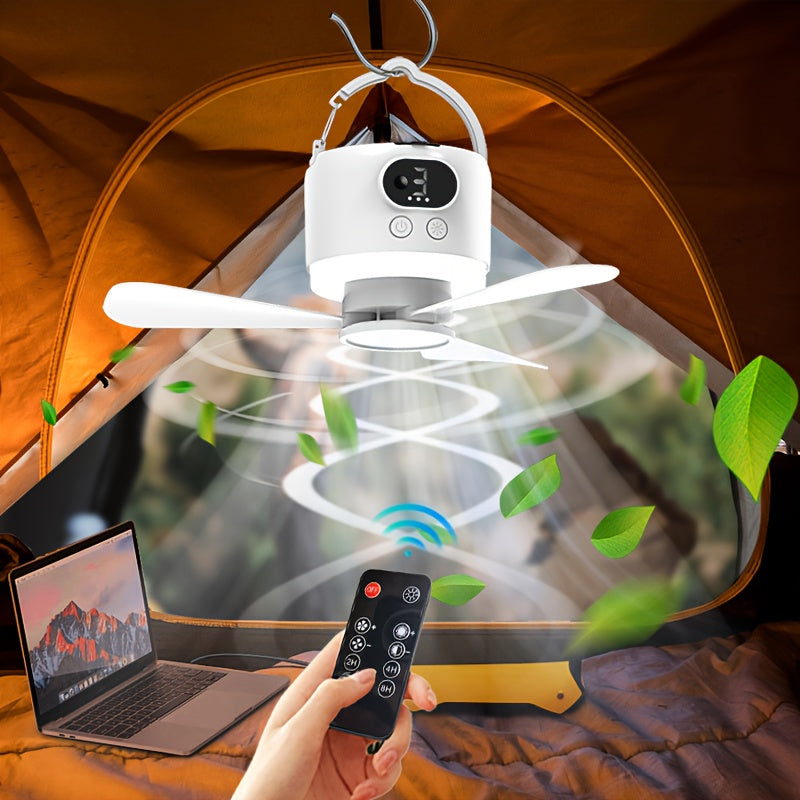 New Multifunctional USB Rechargeable Outdoor Camping Fan, Must-Have for Beach Camping, Universal Silent Remote Small Ceiling Fan for Dorm & Mosquito Net, 3-Speed & 3-Level Light Smart Fan Light, Tent Cooling Fan