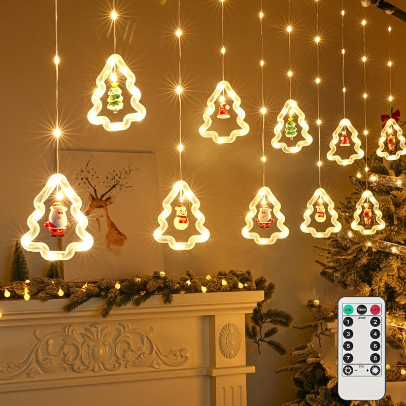 LED 窗帘灯，仿真星星 LED 灯串，带圣诞老人、雪人、麋鹿玩偶，USB 电源，带遥控器，可调光 8 种模式，适合圣诞节、卧室、新年礼物、派对婚礼使用