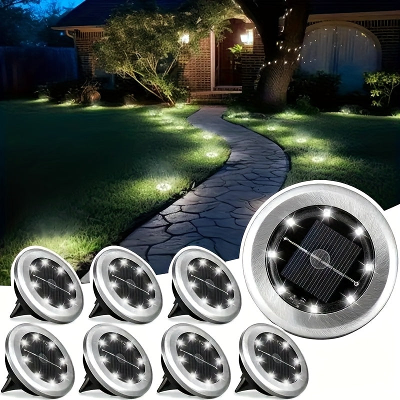 Solar Ground Spotlight Geometric Light, Stainless Steel Warm White Outdoor Landscape Light, 8LED Rotating Disc Light, Garden Viewing Light, Floor Lamp, Corridor Courtyard Patio Lawn Decorative Lighting, Solar Garden Light