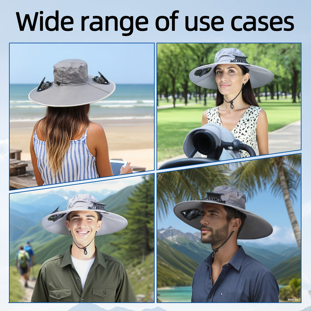 Solar Fan Hat, 800mAh Large Capacity Battery, 15cm Brim with Steel Wire Edging, UPF50+, Built-in 2 Pcs 180° Adjustable Fans, Solar & USB Dual Charging Support, Perfect for Beach, Camping, Fishing and Outdoor Activities
