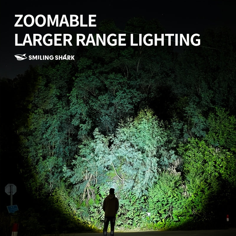 1Pc SMILING SHARK Rechargeable Flashlight, Super Bright Zoomable LED Spotlight with Digital Display, 3 Lighting Modes, Lightweight Portable Handheld Work Light, Type-C Charging, Model SD5242B, for Hiking Camping Fishing Outdoor Emergency