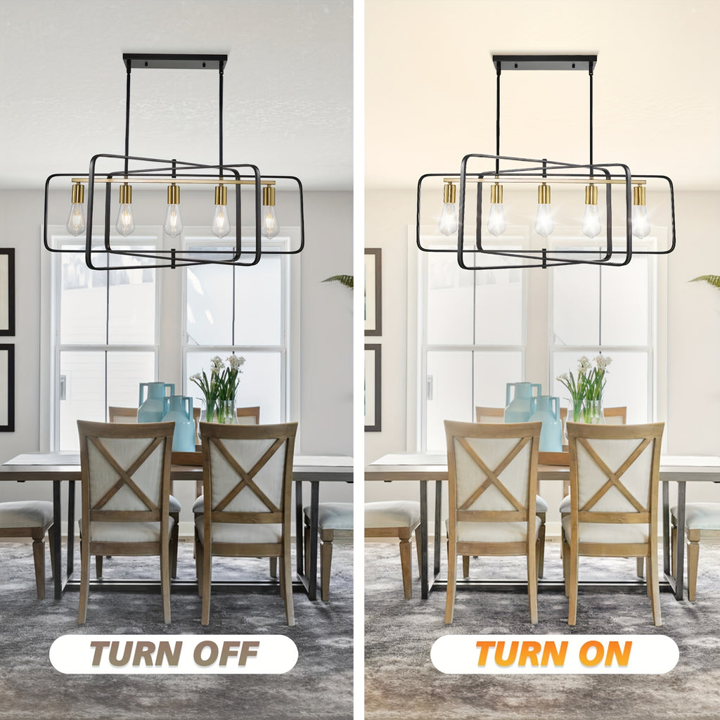 Modern farmhouse style 5-light pendant light, 34-inch rotatable rectangular kitchen island pendant light