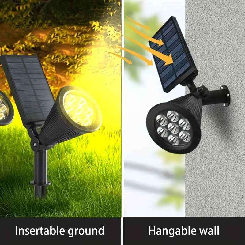 A set of 4 outdoor spotlight fixtures, featuring 9 LED solar lights, equipped with adjustable brightness and RGBW color-changing function. These landscape lights are easy to install, suitable for gardens, driveways, patios