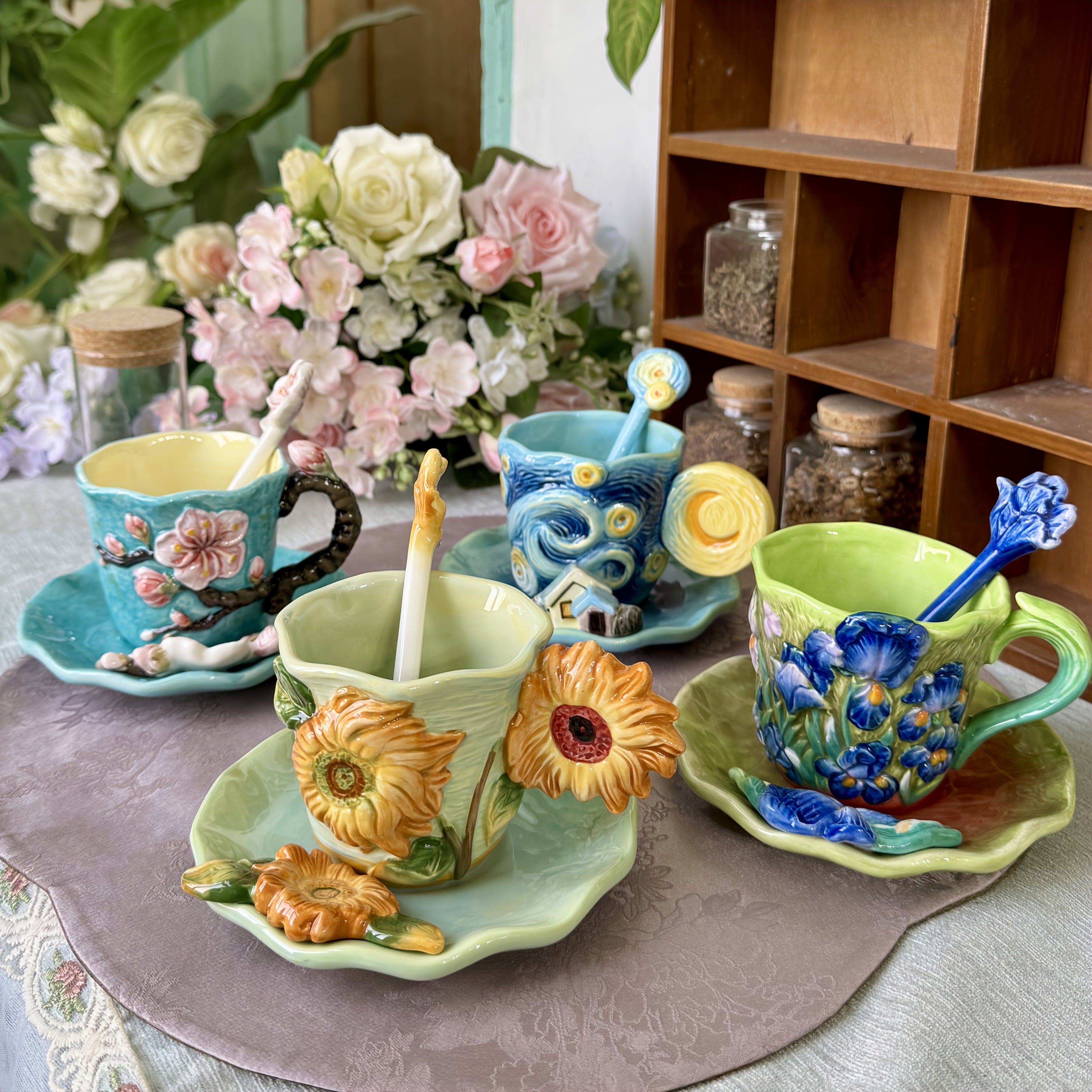 1SET Ceramic Hand-Painted Van Gogh Classic Oil Painting Cup & Saucer Set, 1PCS 3D Handmade Starry Sky, Almond Blossom, Sunflower, Iris Tea Cup & Coffee Cup, 1PCS Round Saucer, 1PCS Spoon, Exquisite Table Décor