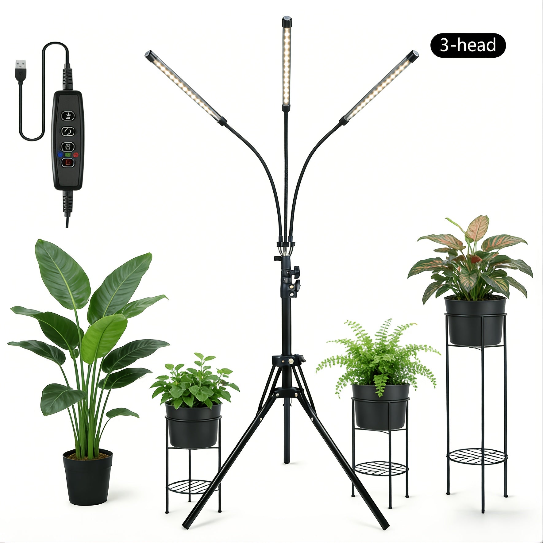3-Head Foldable Strip Plant Grow Light, Adjustable Height & Irradiation Angle, Foldable Bracket with Timing Function, Ideal for Indoor Succulent Seedling Growth and Supplemental Lighting