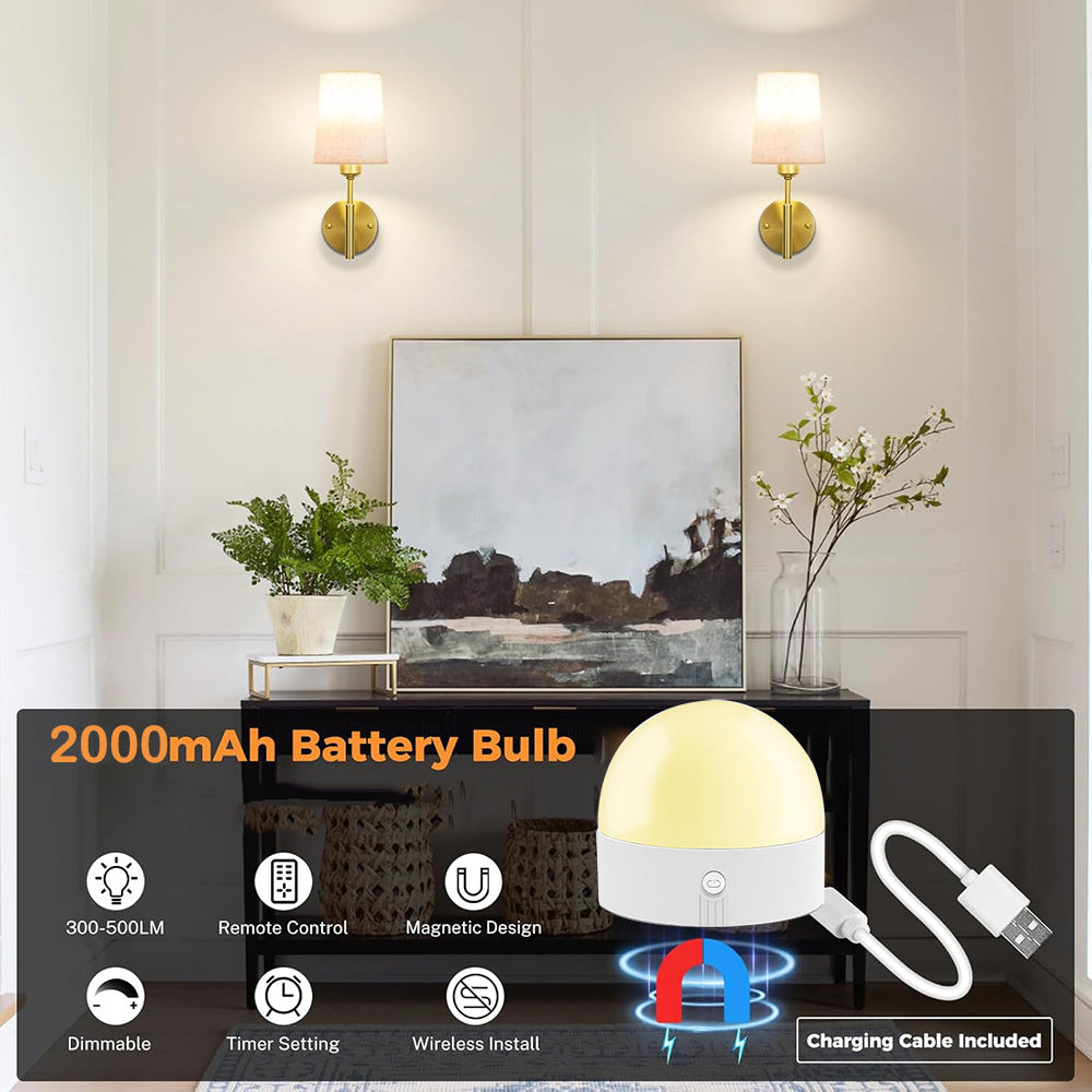 2-Pack Modern Wireless Battery Wall Light with Remote Control and Rechargeable Bulb – Plug-and-Play, Dimmable 12-Color Light, Suitable for Bedroom, Living Room, Hallway, No Wiring Required