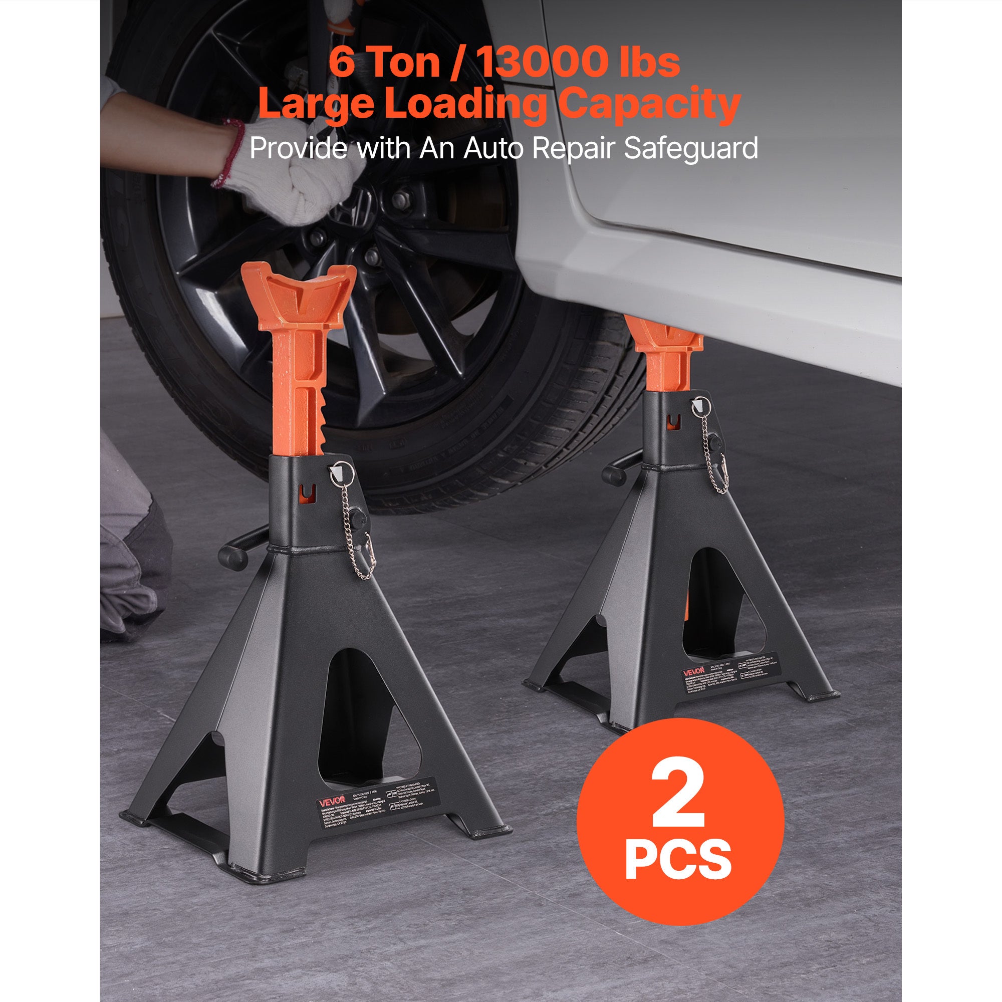 VEVOR Air Jack, 6 Ton (13,000 lbs) Capacity, 14.6-22.8 Inch Adjustable Height, Heavy Duty Steel Jack Stands with Dual Locking, for Lifting RVs, Light Trucks, Cars, SUVs, 1 Pair, Black & Orange