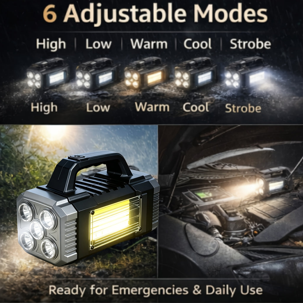Camping Lantern, Rechargeable LED Light, Flashlight, 3 Light Sources, Solar Light with USB-C Fast Charging, Portable Camping Light, 6 Modes, High-Brightness Floodlight, Emergency Light