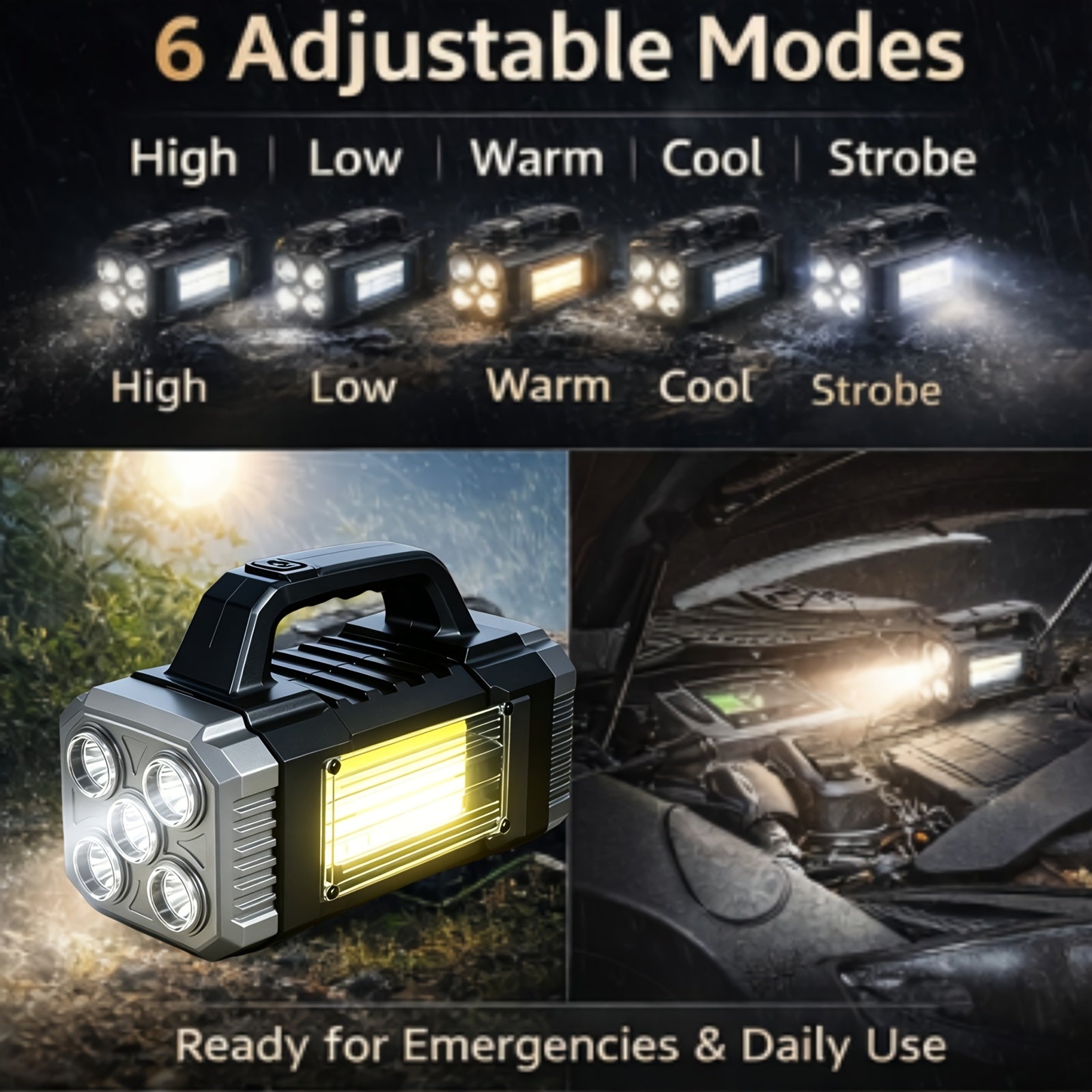 Camping Lantern, Rechargeable LED Light, Flashlight, 3 Light Sources, Solar Light with USB-C Fast Charging, Portable Camping Light, 6 Modes, High-Brightness Floodlight, Emergency Light
