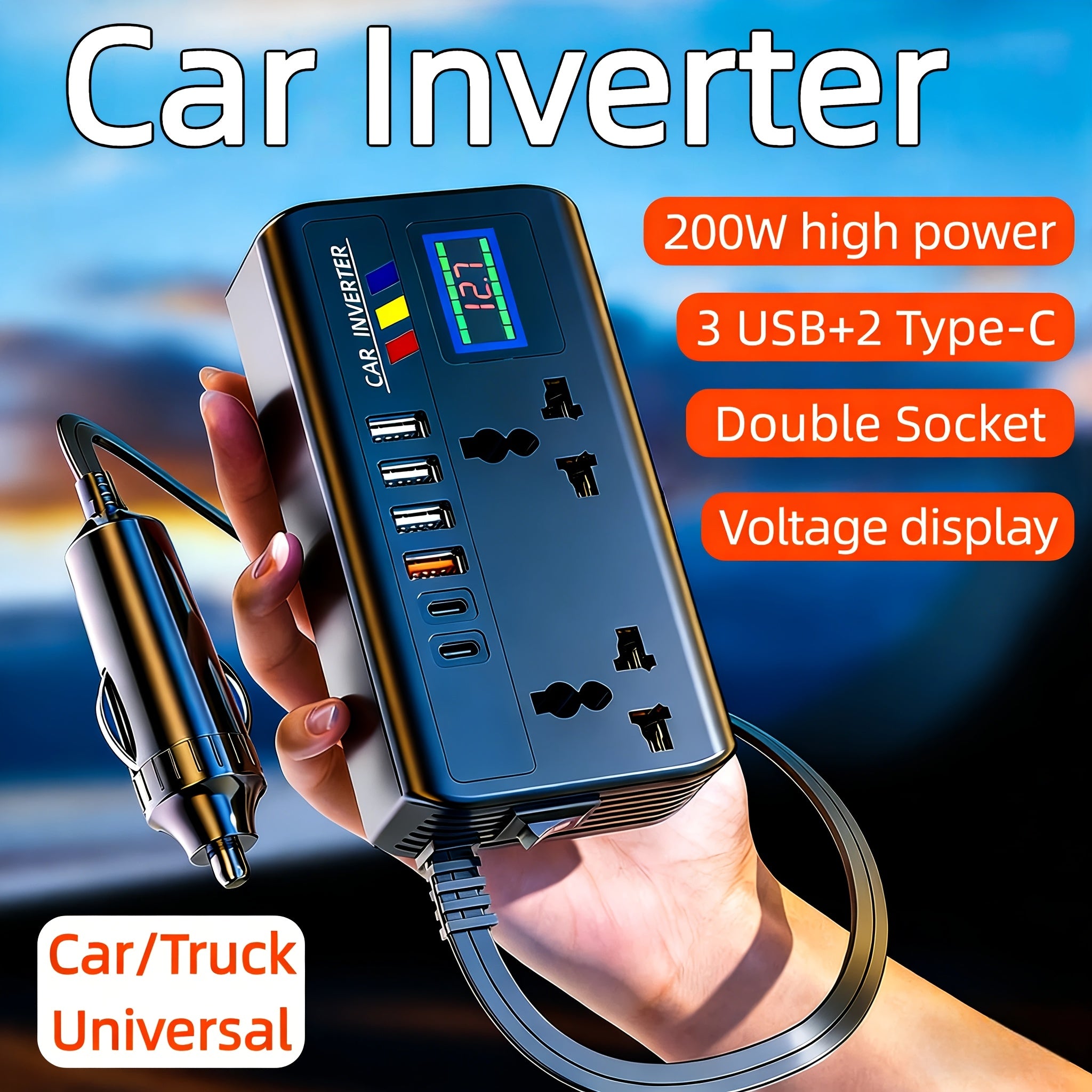 200W车载电压转换器逆变器，从DC 12V/24V到AC 220V，双通用插座+6个USB端口，数字电压显示，智能快速充电和大功率变压器-适用于汽车、卡车和SUV
