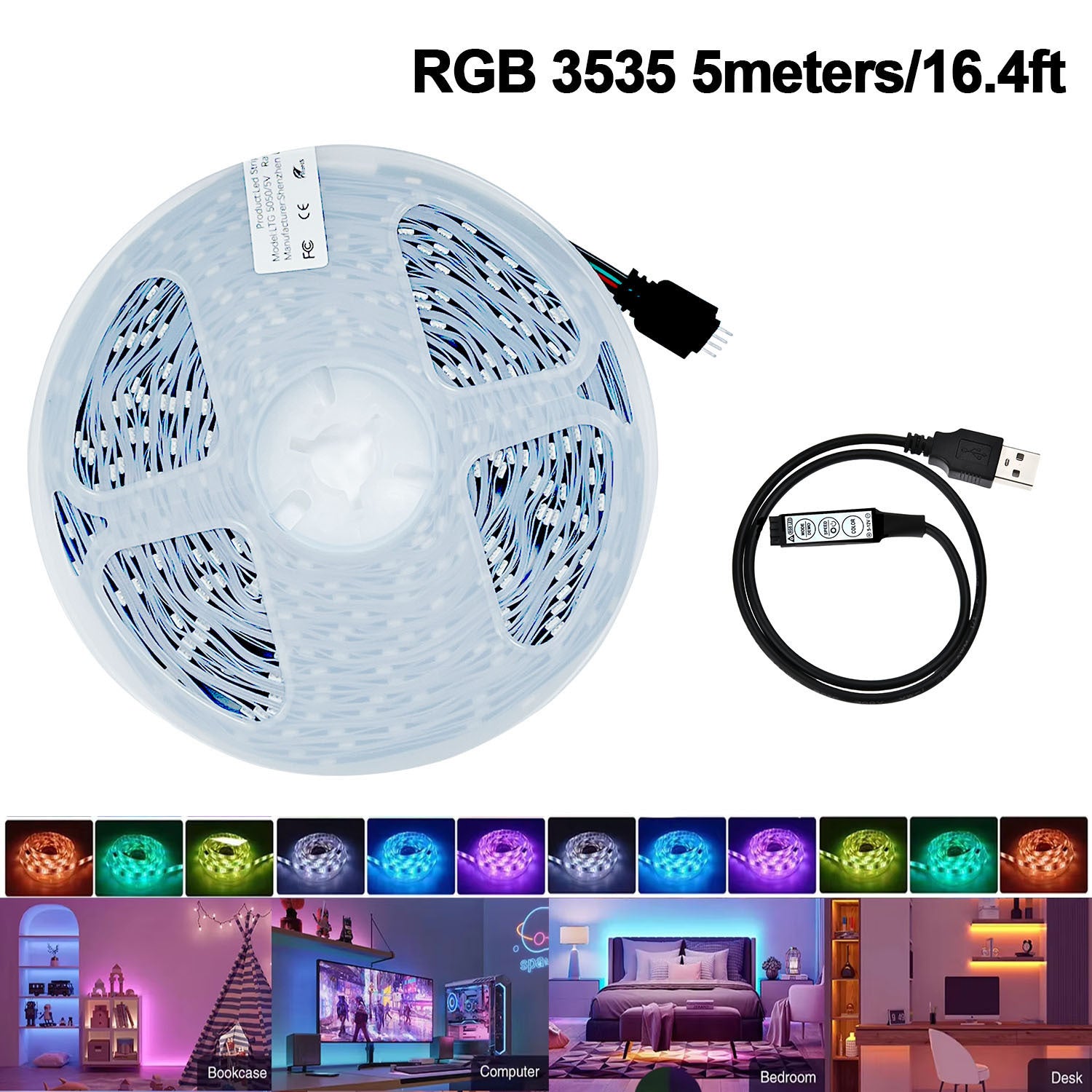 USB RGB LED灯带，配备三键遥控器，3535变色柔性灯带，可调亮度与多种模式，可裁剪式橱柜下照明灯，适用于客厅、舞蹈室及节日装饰