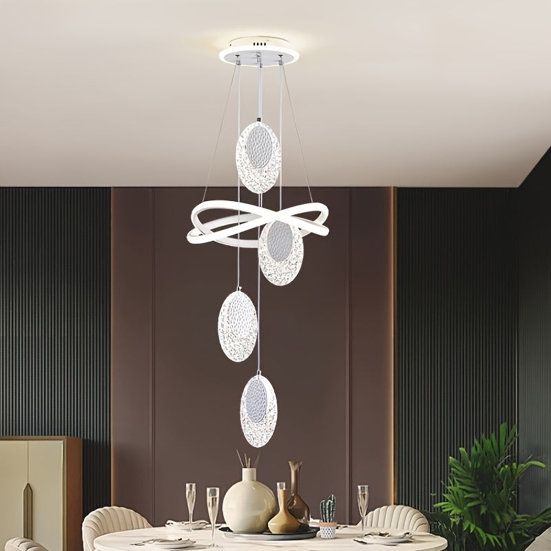 Modern LED Indoor Pendant Light with 4 Oval Disc-Shaped Pendants, 3-Color Temperature Adjustable Lighting Fixture